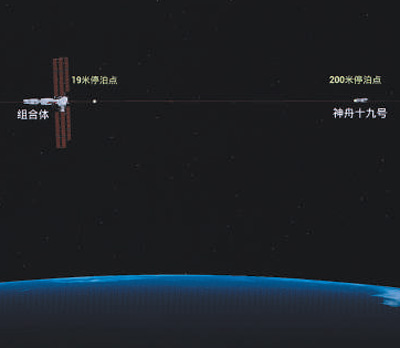 图⑤：在北京航天飞行控制中心拍摄的神舟十九号载人飞船和空间站对接模拟画面。