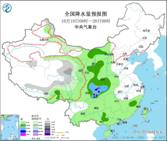 全国降水量预报图10月19日08时-20日08时（图片来源：中央气象台）